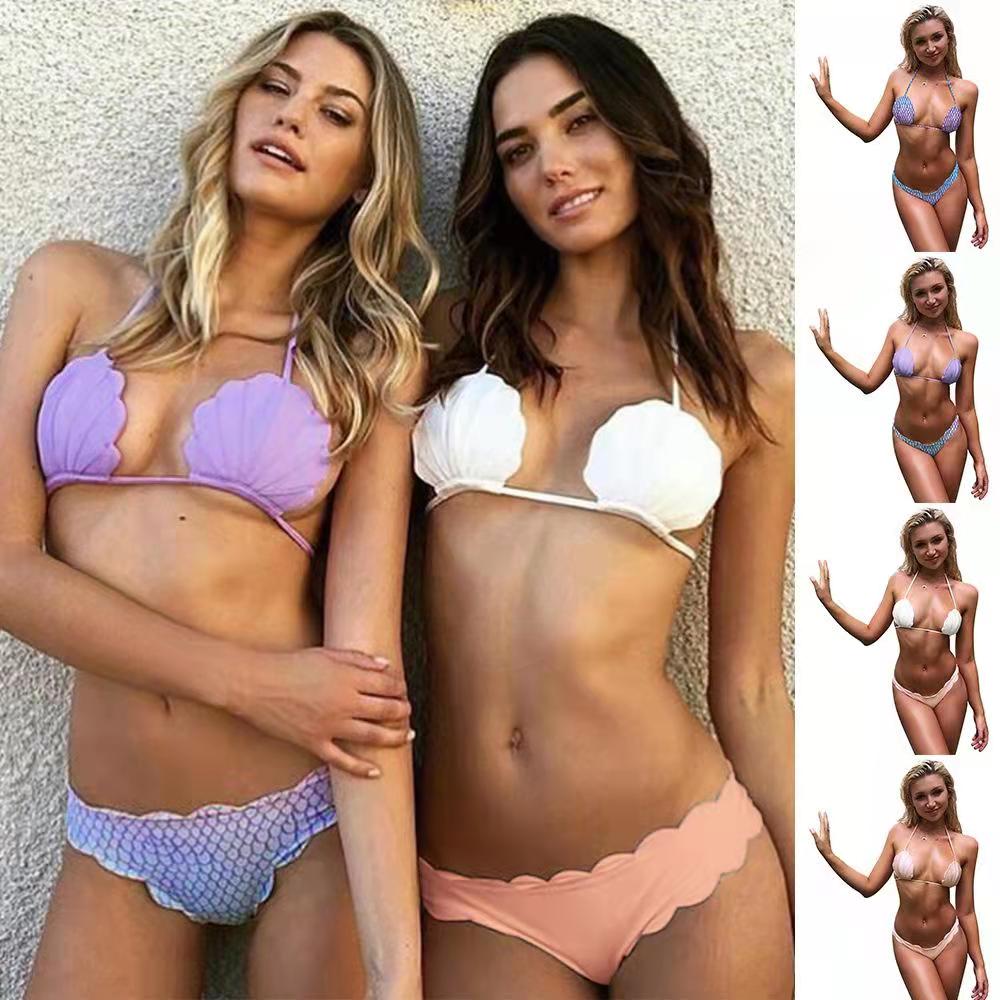 Women&#039;s Swimwear bikini female mermaid shell bra push high suit swimsuit beachwear Biquini sexy two piece suits Low-waisted slim fish scale-image-760098681