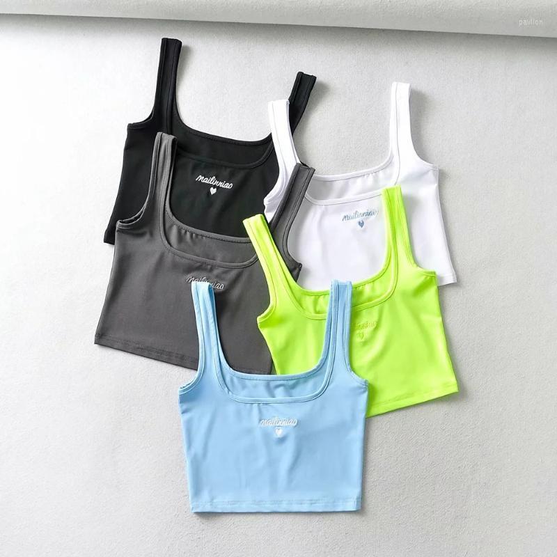 

Women' Tanks & Camis Summer Clothes For Women Love Embroidery U Neck Vest Short Slim Black White Neon Green Grey Blue Bodycon Tank TopWomen