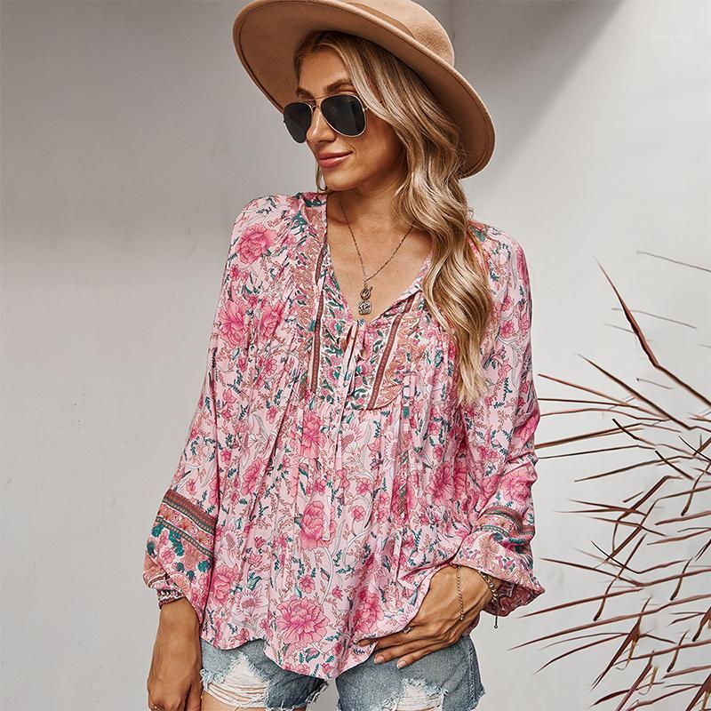 

Women Casual Romantic Holiday Street Temperament Lady Blouse V Neck Long Sleeve Floral Printed Lace-up Female Tee Shirt Tops Women' Blouses, Blue