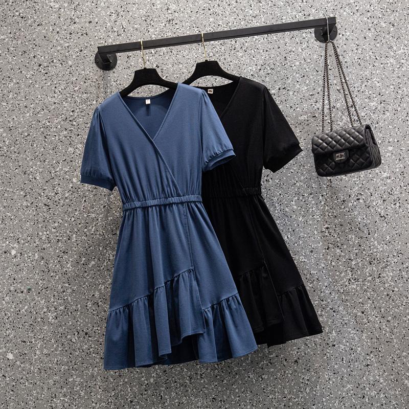 

Plus Size Dresses Black Blue Irregular V-Neck Short Sleeved Mini 5Xl Large Vintage Casual Spring Summer Clothes Dress For Women'S 2022