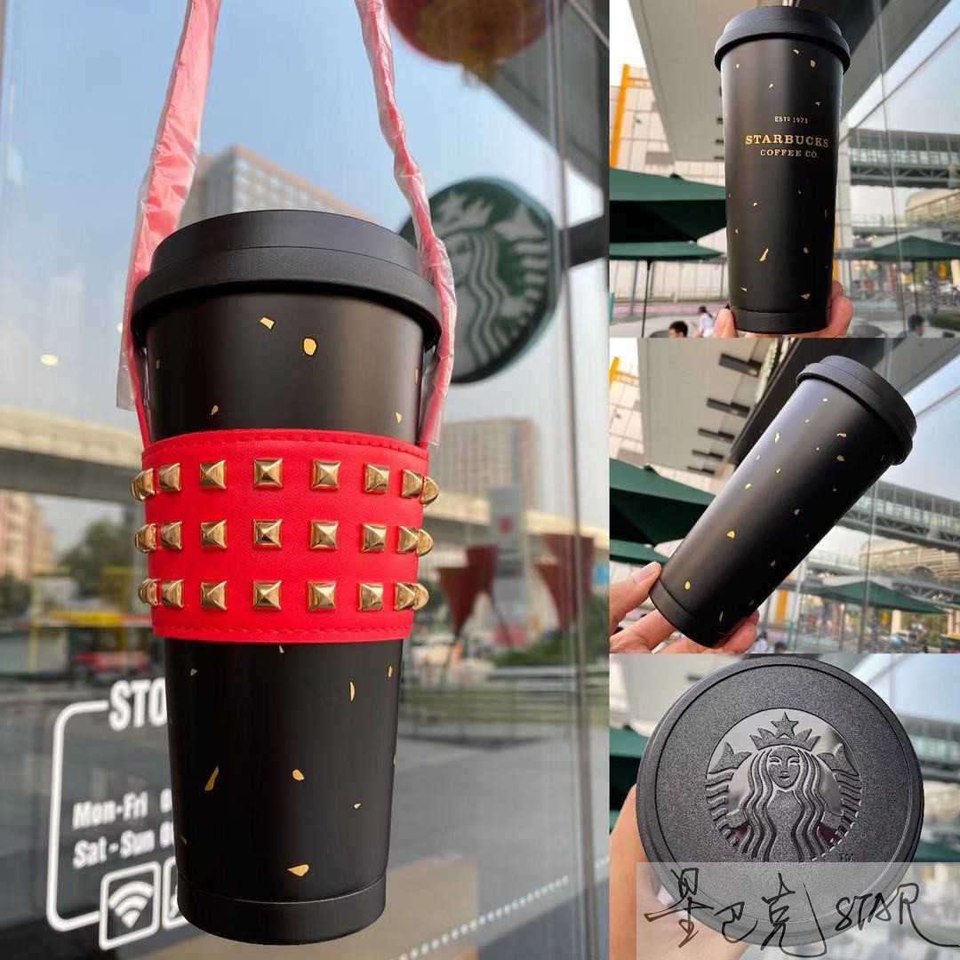 

Starbucks cup Valentine's Day 500ml classic black gold stainless steel traveling thermos red cover, 500ml black gold stainless steel