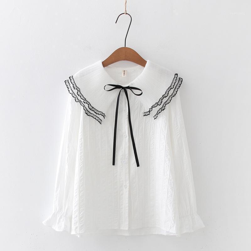 

White Ruffled Collar Lace Up Women Blouse 2022 Autumn Long Sleeve Single-breasted Shirt Koran Style Femme Office Basic Tops Women's Blouses, Black