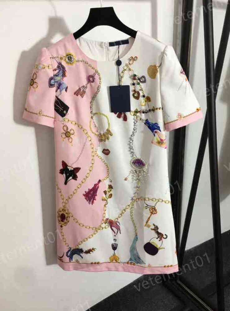 

Designer Womens Dresses Fashion Brand Pink Diamond Pearl Fan Chain Print Crew Neck Short Sleeve Dress Luxury Casual Dresses Women Clothing 0912