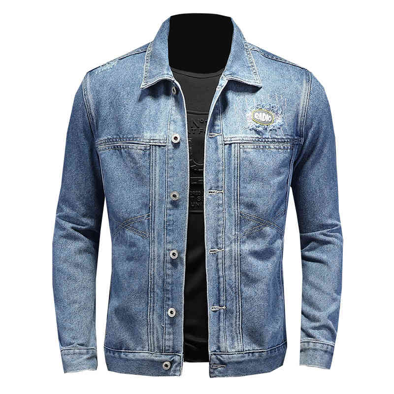 

2022 Spring Fall New High Quality Men's Printed Stitching Single Breasted Lapel Slim Long Sleeve Denim Jacket, Blue