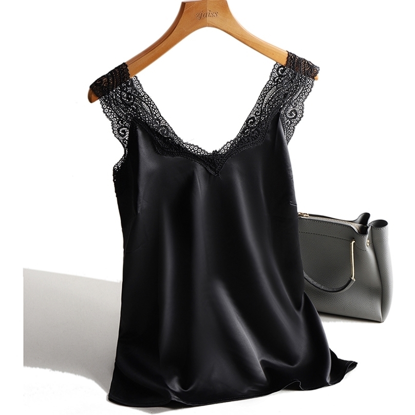 

Lace Strap Silk Top Women Sexy V Neck Sleeveless WhiteVest Satin Elasticity Mesh Tank Tops Basic Plus Size Camisole 220318, Black