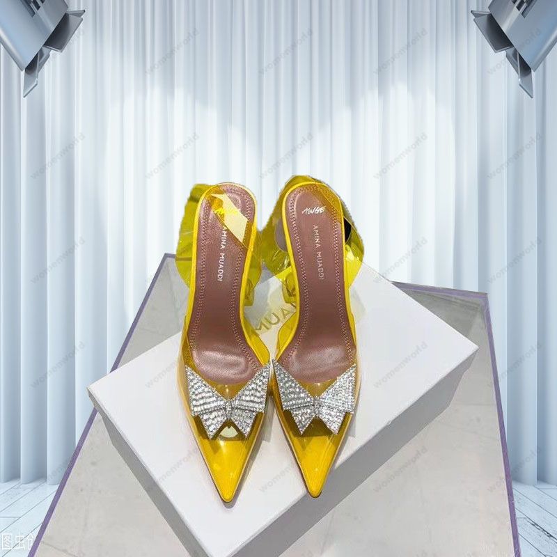 

Luxury Designer Amina Muaddi sandals New clear Begum Glass Pvc Crystal Transparent Slingback Sandal Heel Pumps 100mm Yellow crystal-embellished pumps shoes, Only a shoe box