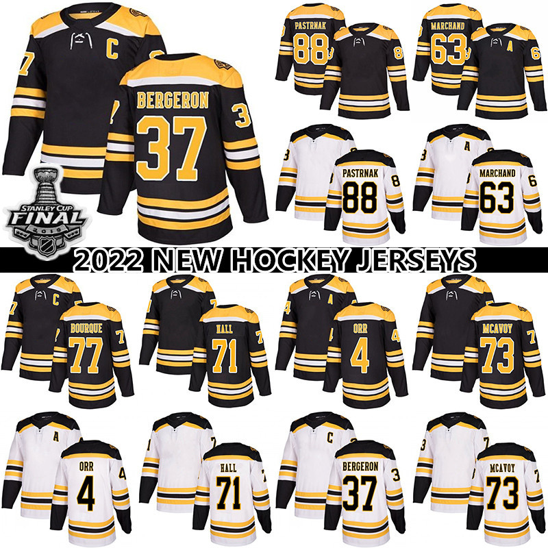 

37 Patrice Bergeron Jersey 88 David Pastrnak 63 Brad Marchand 71 Taylor Hall 73 Charlie McAvoy 4 Bobby Orr hockey jerseys, White
