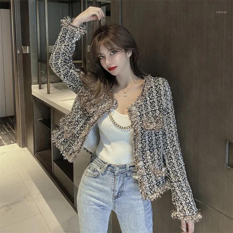 

Women's Jackets Vintage Luxury Fringe Tweed Plaid Cropped Jacket Women Korean Fashion Slim Short Brand Coat Small Fragrance Elegant Party, Black