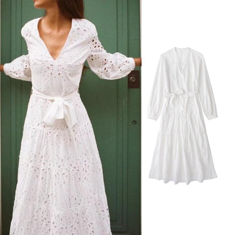 

Casual Dresses 2022 Women Fashion Embroidered With Belt Dress Summer Female Chic Solid Long Sleeve V-Neck Street OutfitsCasual, Ae249