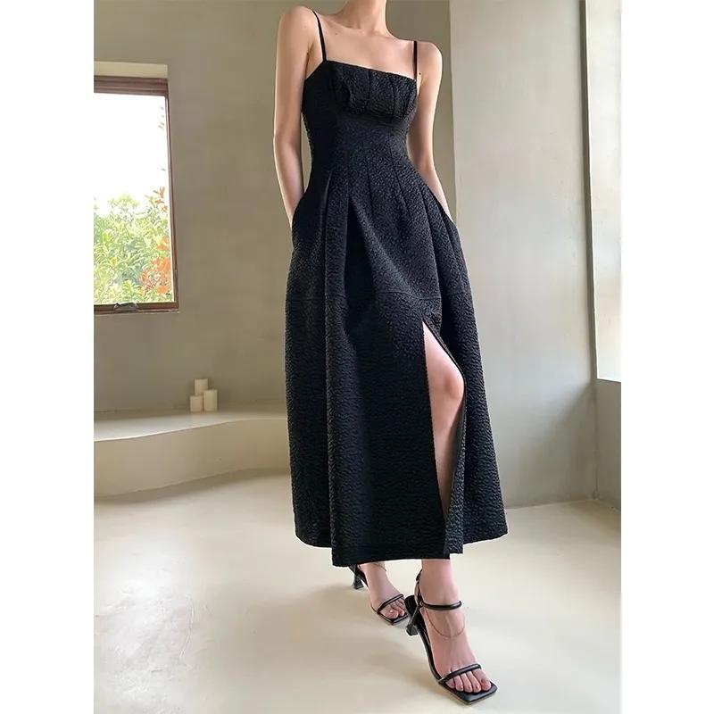 Robes décontractées été élégant noir robe femmes sans manches mince sangle soirée pour femme Vintage coréen mode VestidosCasual