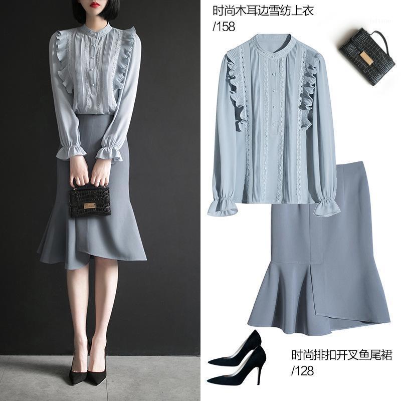 

Women's Blouses & Shirts 2022 Spring Dress Chiffon Shirt Professional Lady Suit Temperament Fashion Fishtail Skirt Two Piece Set, One piece skirt