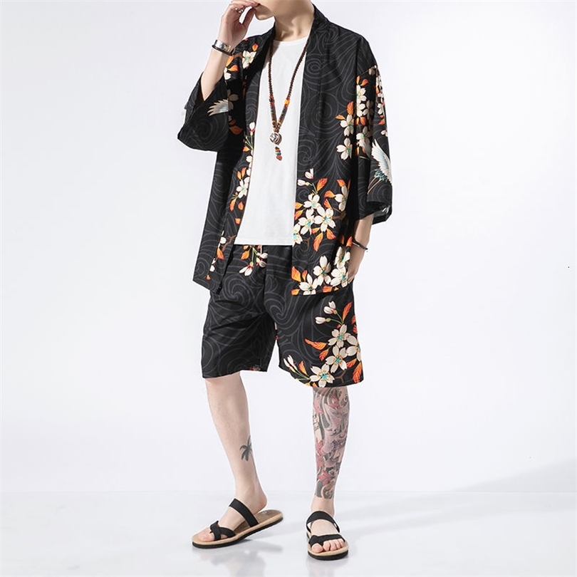 MrGB Crane Graphic Summer Men Suit Short Sleeve Hanfu Cardigan Kimono Sunscreen Oversized Shorts Shirts Men s Clothing 220621