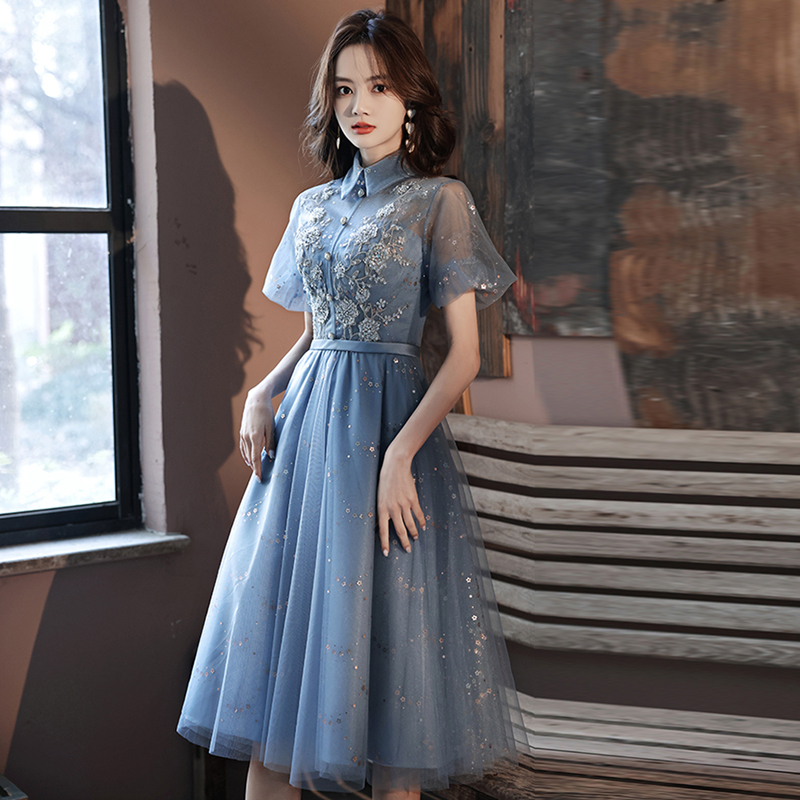 

Sexy Lace Prom Dresses 2022 High Neck Party Graduation Dress Robe De Soiree longue Formal Dress simple, Blue