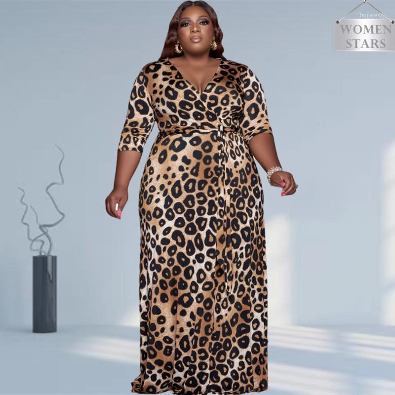 

Plus Size Dresses For Women Fall Clothing Elegant V Neck Fashion Print Long Sleeve With Sashes Maxi Dress Wholesale DropPlus Jasp22, Black