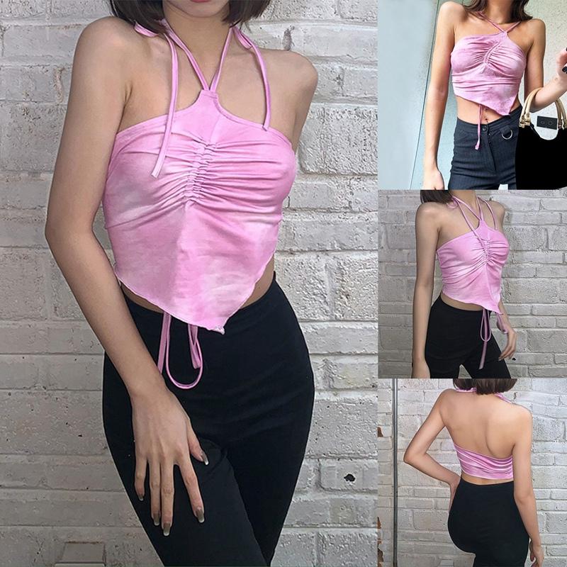 

Women's Tanks & Camis Bandage V-Neck Halter Vest Women's Sleeveless Sexy Crop Tops Dye Print Streetwear Summer Fashion ClothingWomen's, Pink