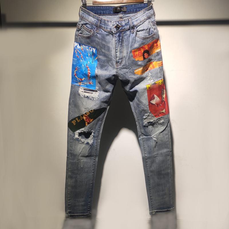 

Men's Jeans Blue Fashion Print Micro Elastic Motorcycle Pants Hip Hop Jean Men America High Street Trousers Homme Original, Picture