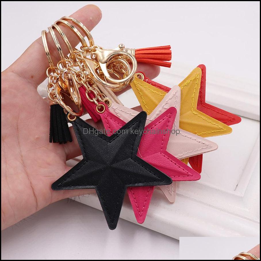 

Key Rings Jewelry Five Star Keychains Accessories Tassel Pendant Chains Fobs Fashion Design Pu Leather Women Bag Charms Gold Dhqyc