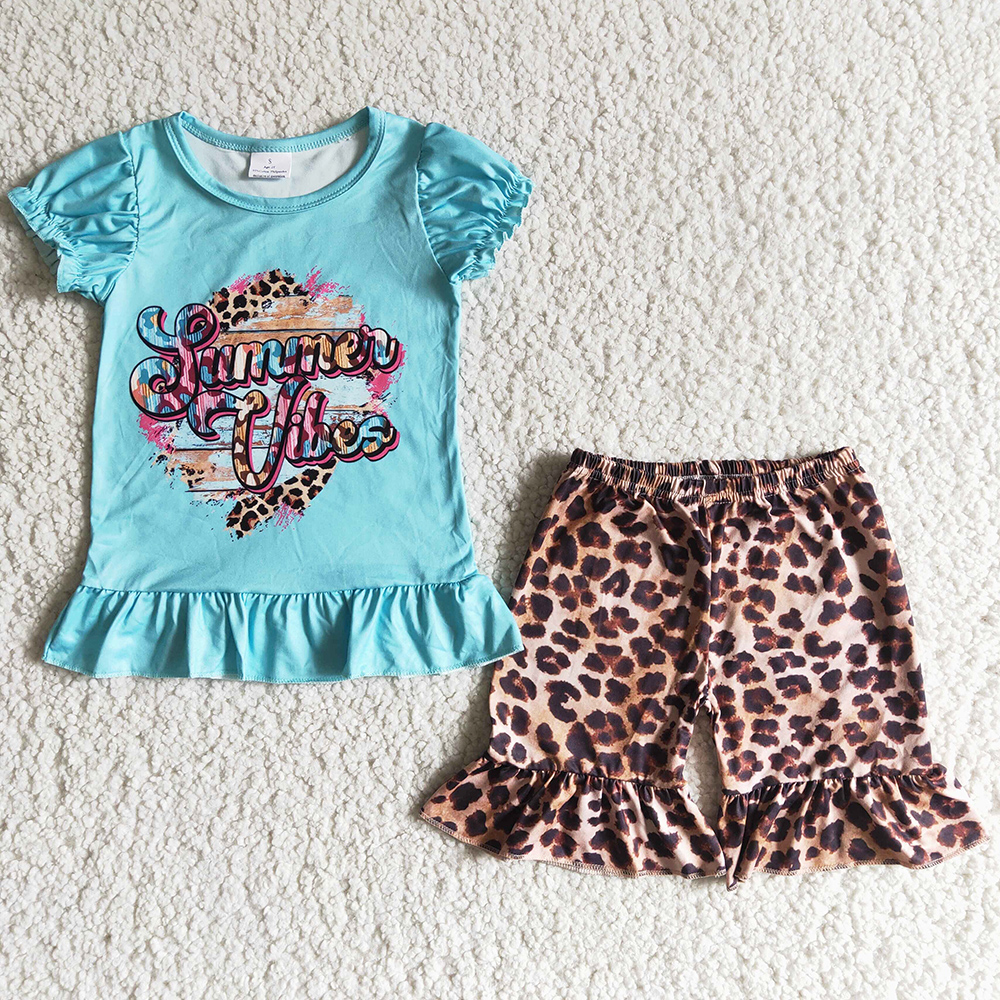 

Wholesale Baby Girls Summer Clothes Set Kids Designer Clothing Girl Boutique Outfits Short Sleeve T-shirt Ruffle Shorts Fashion Leopard Cute Kid Outfit, As picture