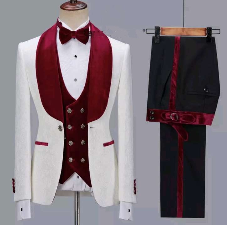 

New Fashion White Jacquard Groom Tuxedos Burgundy Velvet Shawl Lapel Groomsmen Mens Wedding Dress Excellent Man Jacket Blazer 3 Piece Suit(Jacket+Pants+Vest+Tie) 2610, Same as image