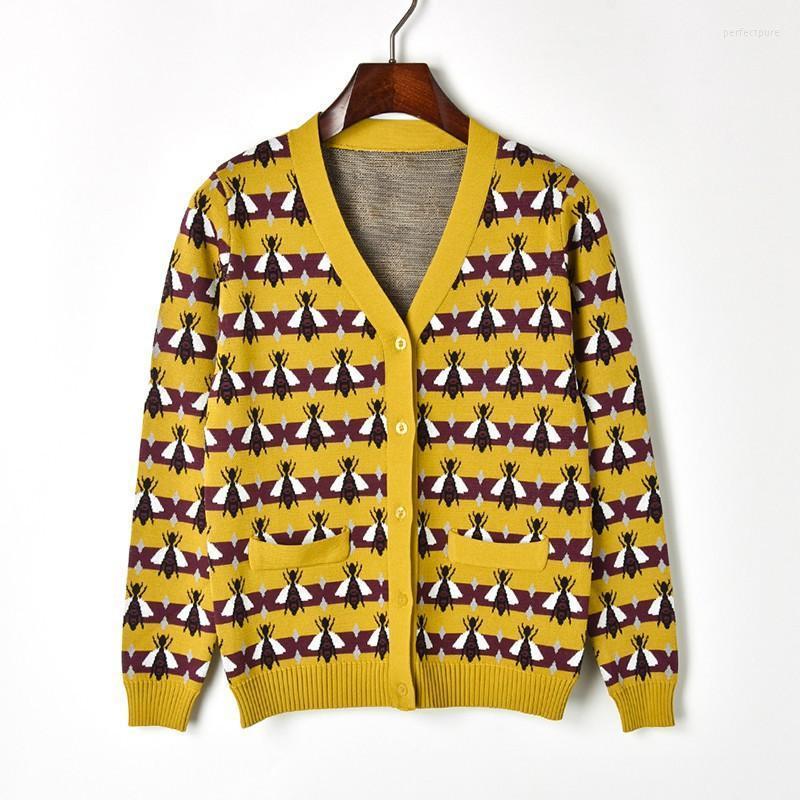 

Women' Knits & Tees 2022 Autumn Winter Cardigan Vintage Loose Yellow Stripes Bee Jacquard V-neck Long Sleeve Jersey Knitted Sweater Women J