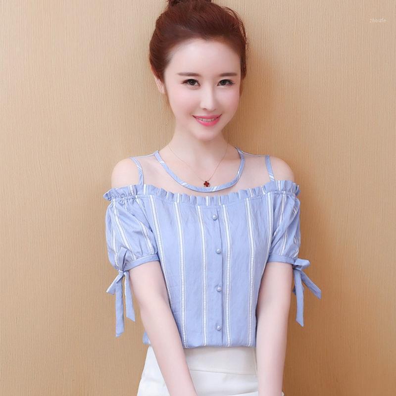 

Women' Blouses & Shirts Women Spring Summer Style Chiffon Lace Lady Casual Short Sleeve Slash Neck Sexy Striped Loose Tops DF3466, Blue