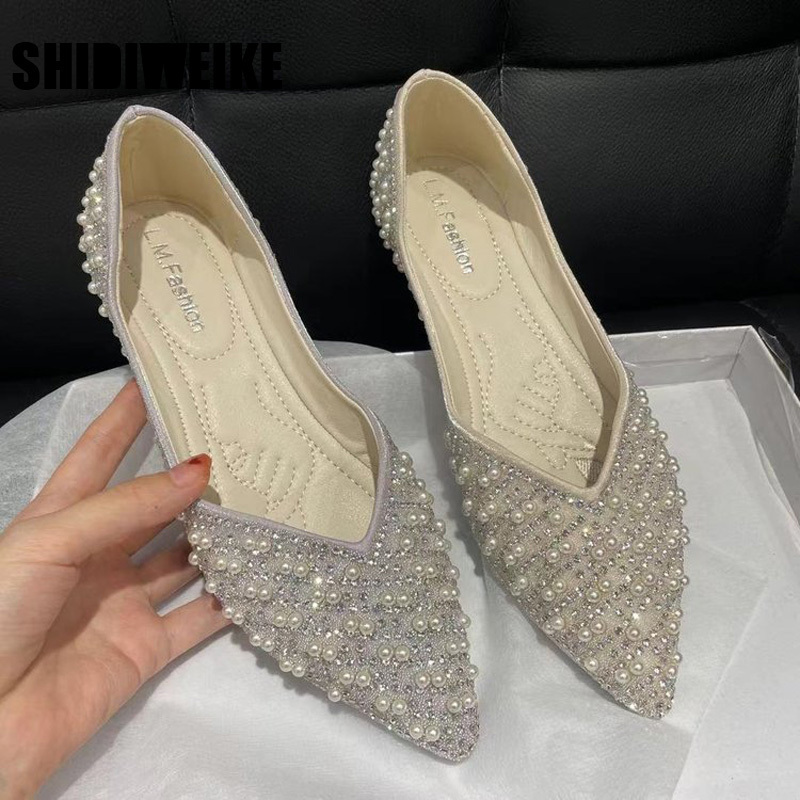 

Glitter crystal pearl ballet shoe Pointed toe slip on loafers cozy shallow cutout ballerina flats female vc829 220613, Pic