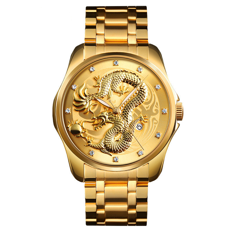 

Chinese style dragon totem embossed watch stainless steel strap men's business calendar watch men, Other