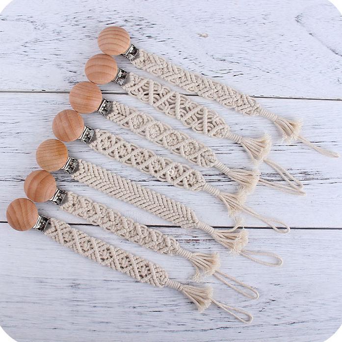 

New!! DIY Weave Baby Pacifier Clips Wooden Beaded Soother Holder Clip Infant Nipple Teether Dummy Strap Crochet Cotto