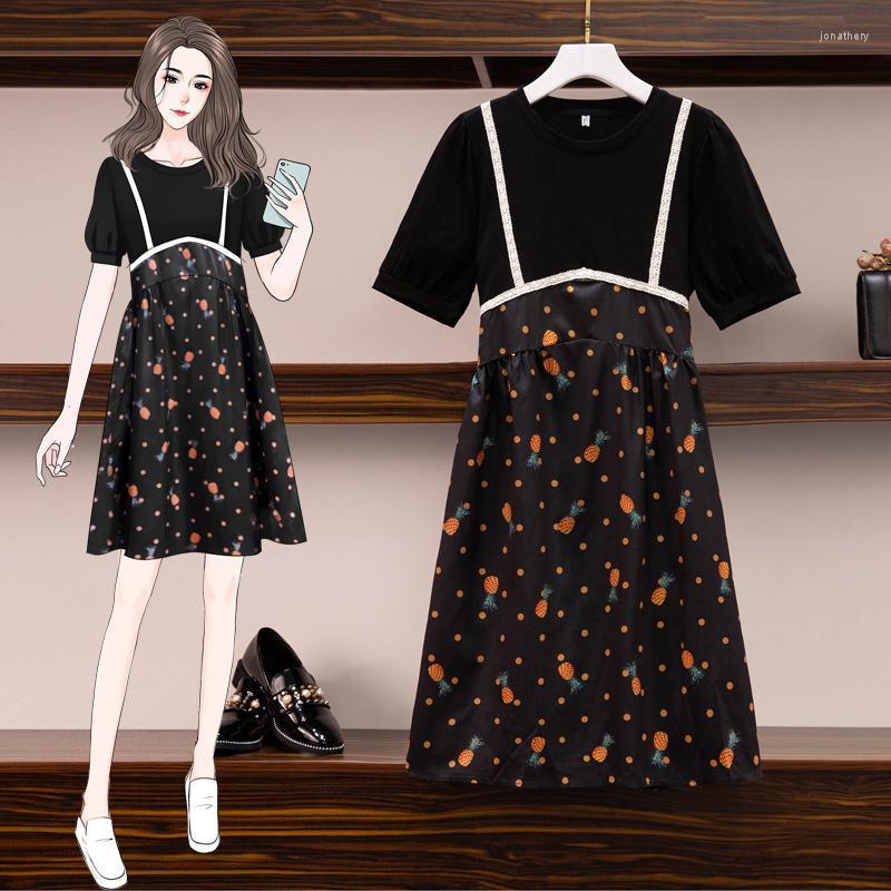 

Plus Size Dresses Stitch Printed Knitted Short Sleeve 5Xl Large Vintage Casual Robe Spring Summer Clothes Dress For Women'S 2022 Jona22, Black