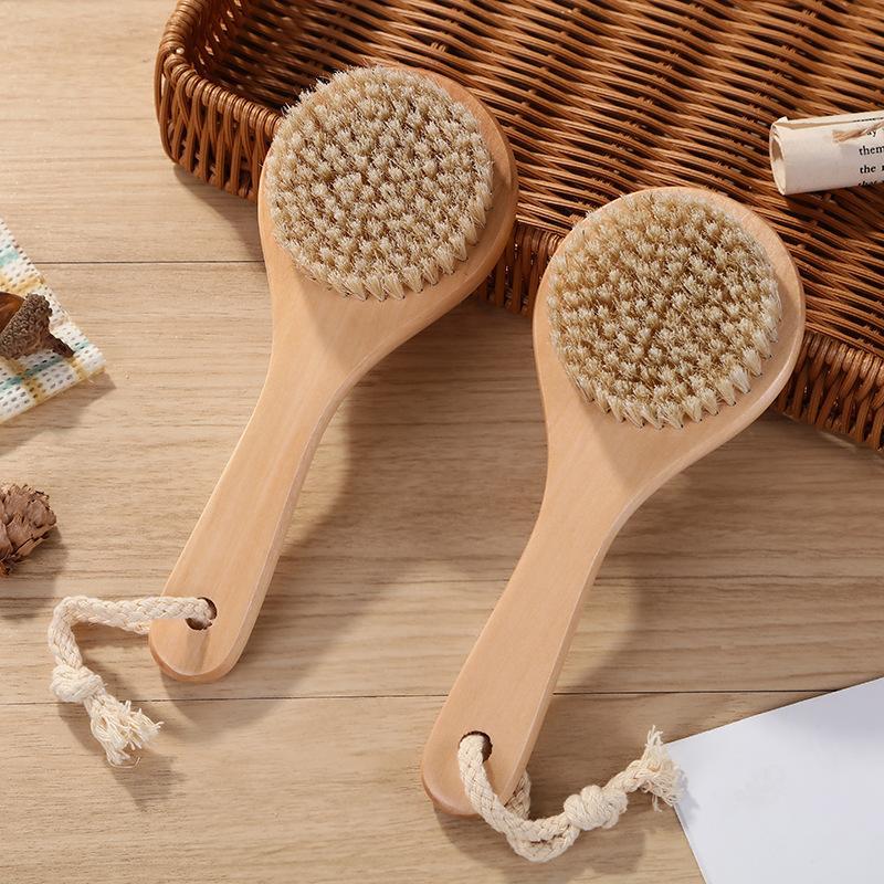 

Dry Bath Body Brush Back Scrubber Anti-slip Short Wooden Handle Natural Bristles Shower Exfoliating Massager