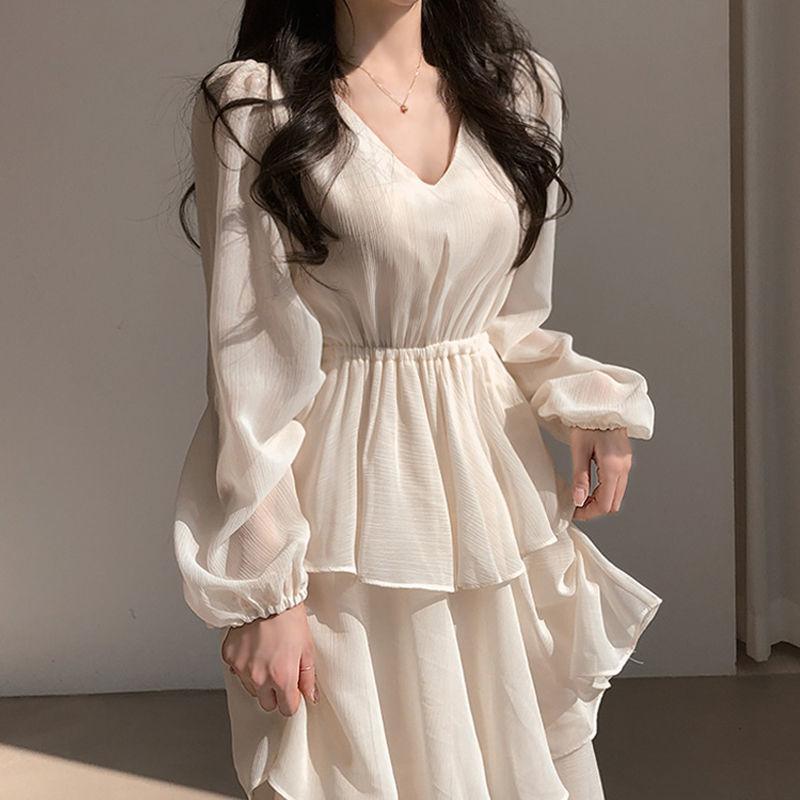 

Casual Dresses Spring Loose V Neck Puff Long Sleeve Cake Dress Women Robe Maxi Midi Elegant Layered Pleated Ruffles Y2k DressCasual
