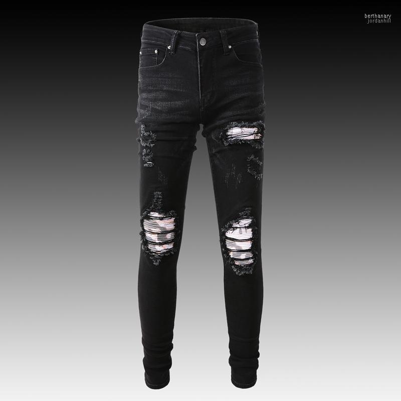 

Men's Jeans High Street Fashion Men Black Elastic Destroyed Slim Ripped Stretch Patch Designer Brand Hip Hop Pants Hombre Bert22
