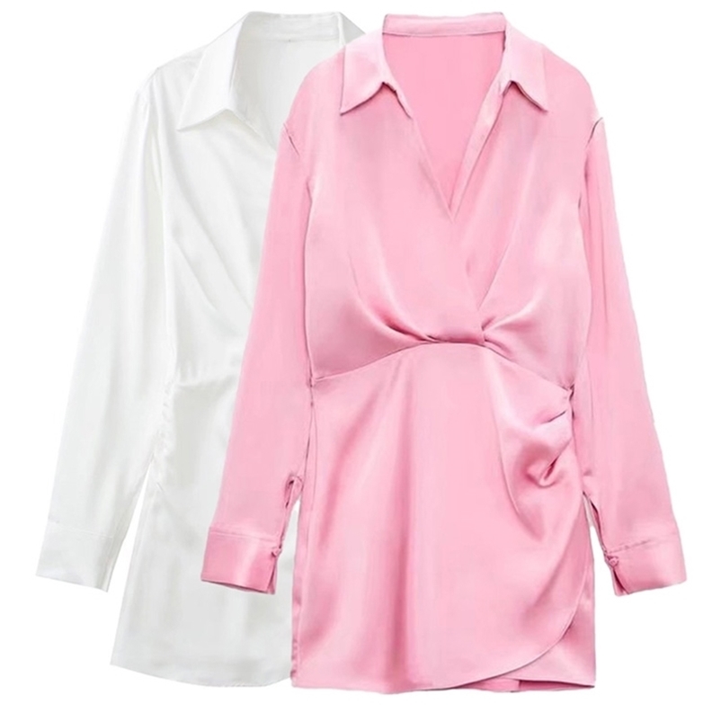 

TRAF Women Fashion With Gathered Satin Mini Dress Vintage V Neck Long Sleeve Female Dresses Vestidos Mujer 220614, As picture