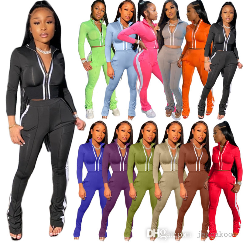 

3XL Women Strip Zipper Jacket Pants Suit 2 Piece Set Fall Winter Tracksuits Fashion Sweatsuits, Green