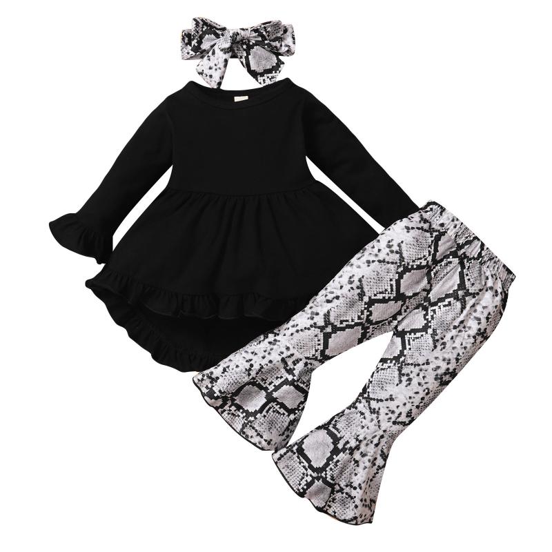 

Clothing Sets Toddler Baby Girls Two-piece Flare Sleeve Ruffles T-shirt Tops And Snake Printed Pants Headbands Outfits, White