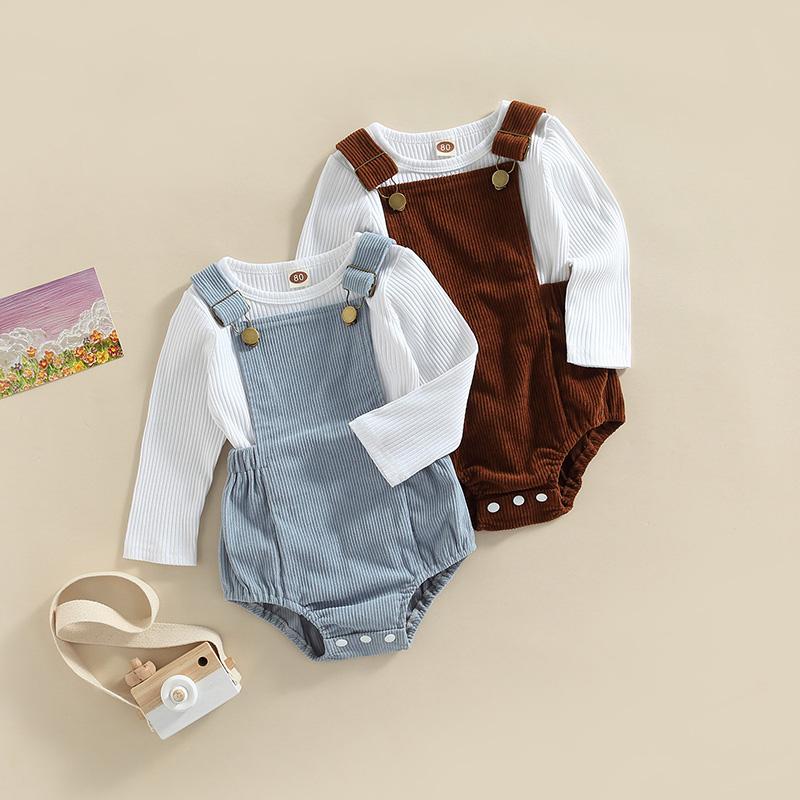 

Clothing Sets Autumn Born Baby Boys Girls Clothes 0-24M Solid Ribbed Knitted Long Sleeve T-shirts Corduroy Suspender Romper OverallsClothing