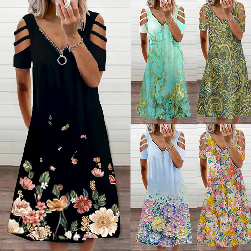 

Zipper Floral Print Short Sleeve Dress Women Sexy Summer V Neck Casual Elegant Vintage Hollow Out Dresses Streewear 220613, Black