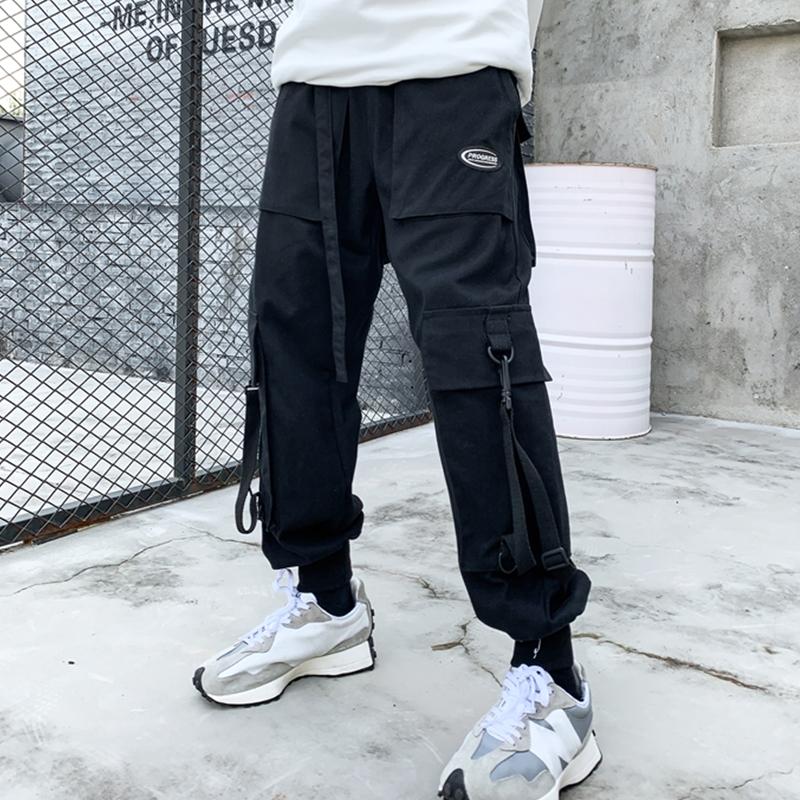 

Men's Pants Ribbons DARK Joggers Cargo For Men Hip Hop Hit Color Pocket Male Trousers Sweatpants Streetwear Techwear Jogging, Black