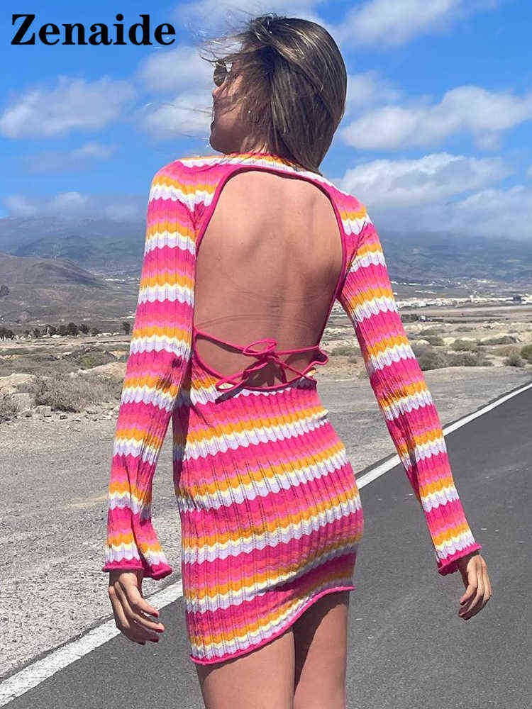

Zenaide 2022 Summer Knit Striped Print Sexy Backless Dress Women Long Sleeve Green Mini Bodycon Beach Dresses Holiday Outfits Y220401, Pink
