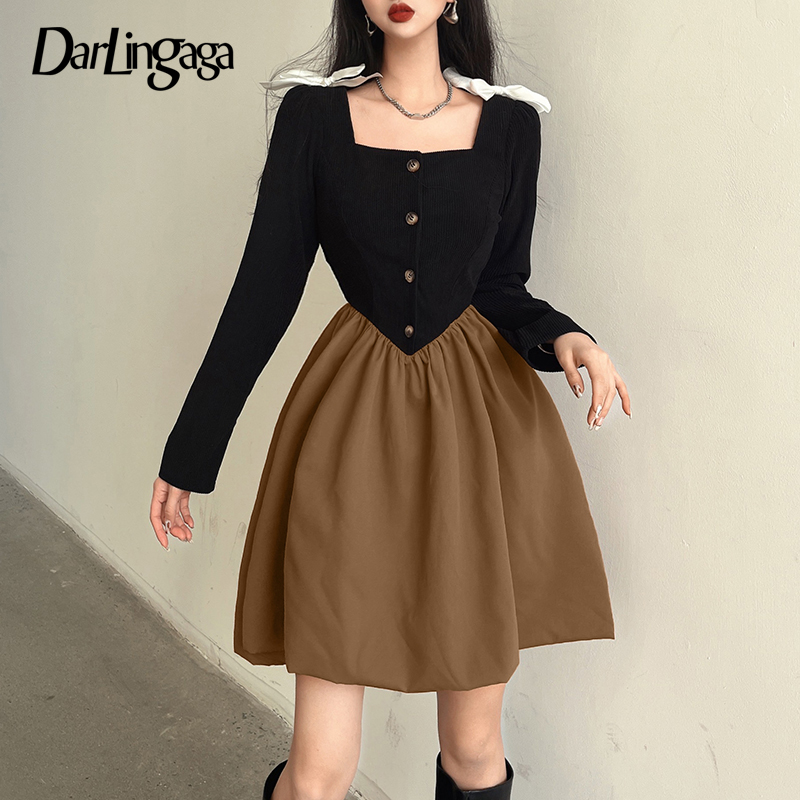 

Darlingaga Korean Fashion Square Collar Patchwork Party Dress Female Sweet Bow High Waist Pleated Dress Mini Spring Cute Clothes, Black