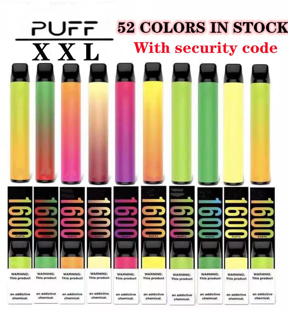 

Puff 52 colors Disposable Vape Pen E Cigarette Device With Security Codes 6.5ml 1000mAh Pre-Filled 1600 Puffs Puff Kit VS Air Bar Max
