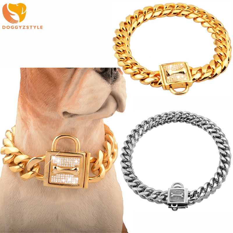 

Gold Cuban Dog Chain Collar Silver Stainless Steel 19mm Heavy Duty Pet Training Choke Collar Metal Luxury Dog Necklace Large Dog 201101