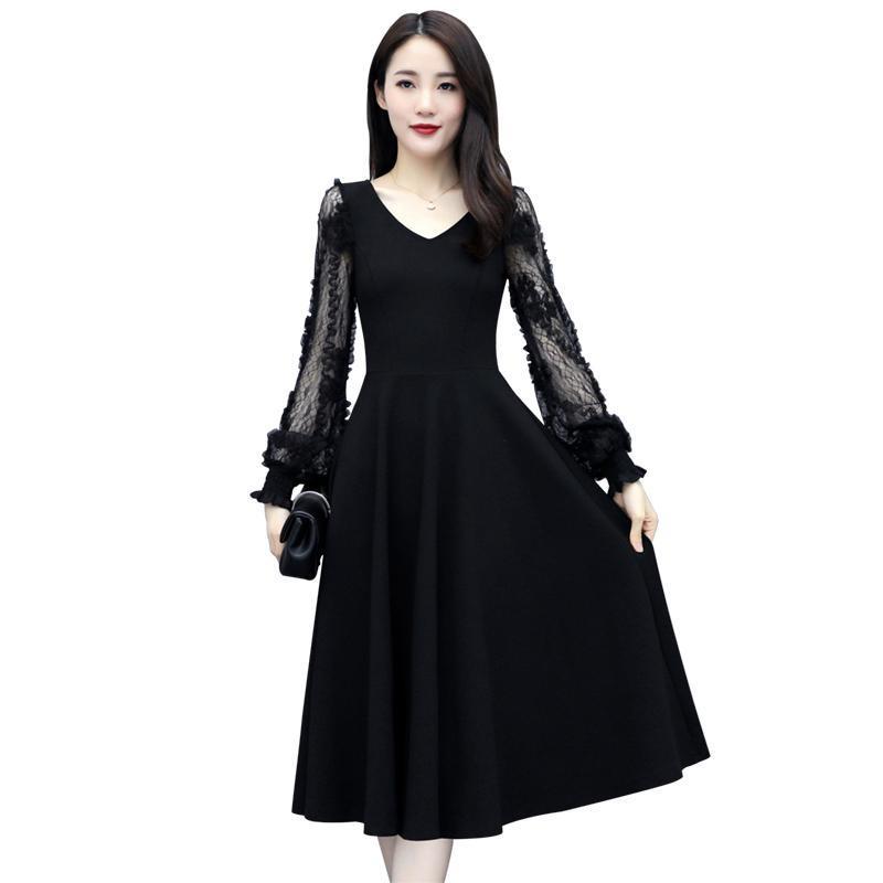 

Party Dresses Large Size Dress Midi Lace Long-Sleeved Woman Vestido De Mujer Femme Robe, Black