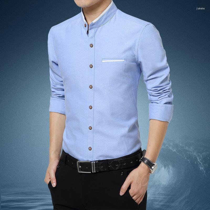 

Men's Dress Shirts Men 2022 Spring Casual Slim Fit Stand Collar Mens Long Sleeve Solid Chemise Homme Army Green Oxford Cotton ShirtMen's, White