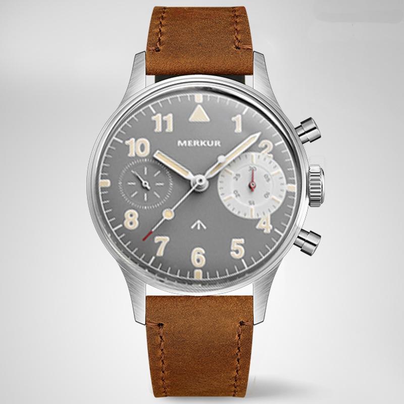 

Wristwatches Chronograph Mechanical Seagull ST1901 Watch MERKUR First Colabs Product Flieger Vintage Big Eye Watches 38mmWristwatches, Leather black