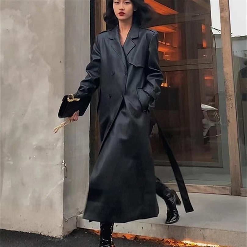 Lautaro Spring Autumn Long Black Soft Pu Leather Trench Coat for Women Belt Double Breasted Cool Handsome European Fashion 220815