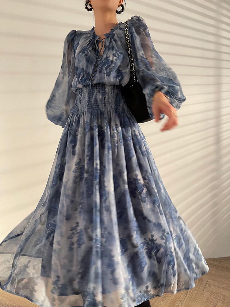 

Casual Dresses French Minority Elegant Printed Long Chiffon Floral Maxi Dress With Thin Waist In Early Autumn And Gentle Midi Robe VintageCa, Black