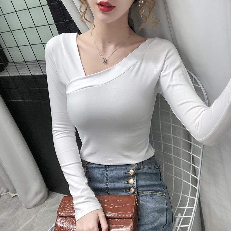 

Women' T-Shirt Harteen Spring Autumn Skew Collar T Shirt Women Clothing Solid Femme Top Long Sleeve Office Lady Basic Cotton Blusa Feminina, Black