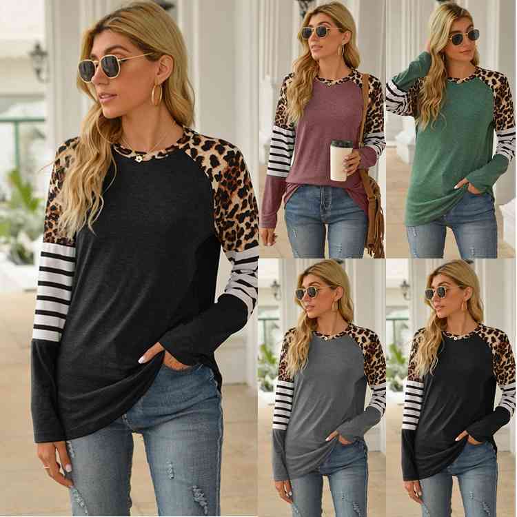 

Baze 2021 spring and summer new hot women' leopard pattern stitching long sleeve round neck T-Shirt Top, Black