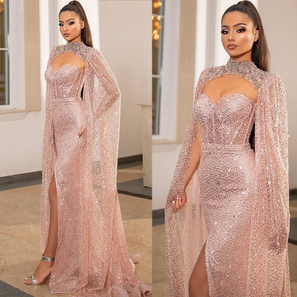 

Pink Mermaid Evening Dresses Halter Cape V Neck Lace Hollow Floor Length Train Lace Side Slit Beaded Appliques Sequins Beads Prom Dress Vestidos Festa, Grape